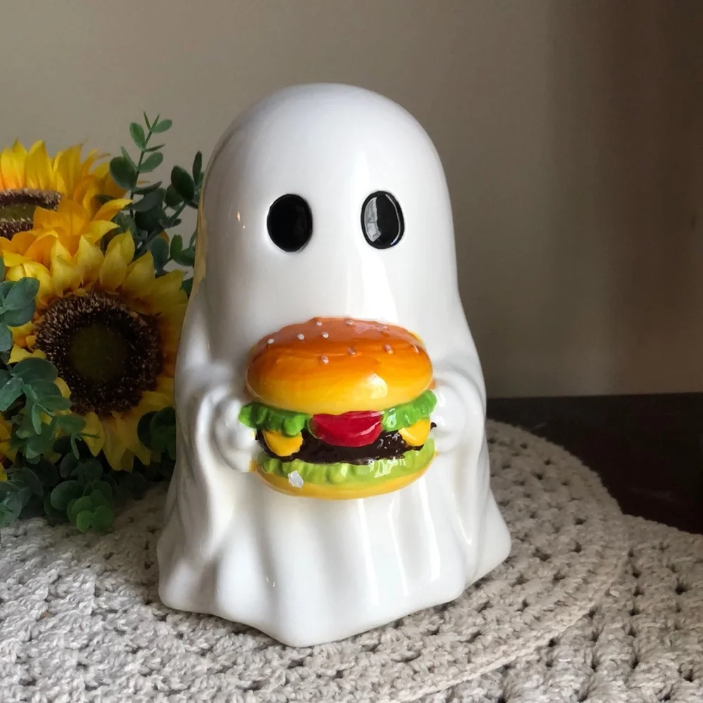 White Ceramic Ghost Figurine Holding Burger